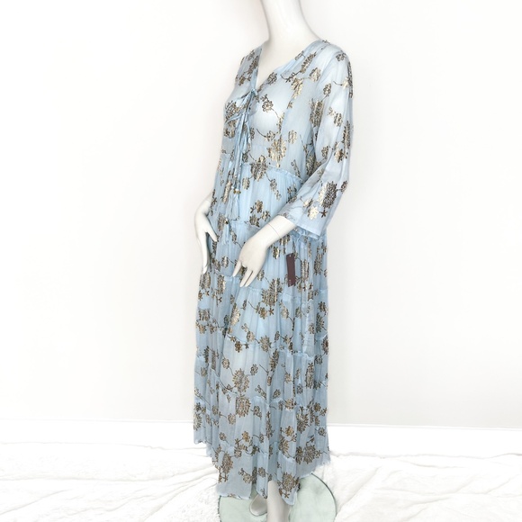 NWT | Sunny Studio French Designer Cotton Tiered Maxi Summer Dress Sky Blue Gold - Picture 6 of 14
